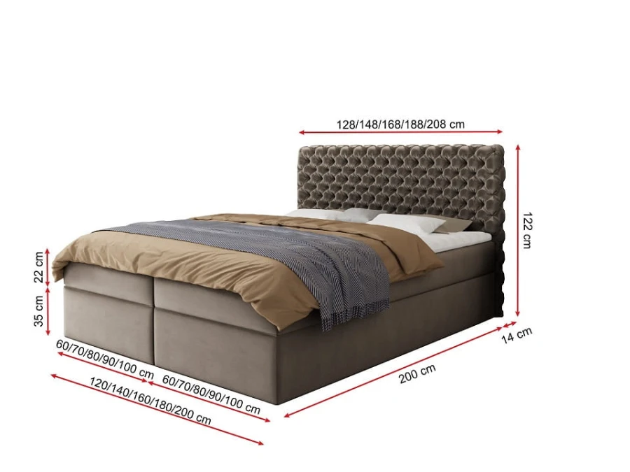 Technische Zeichnung mit Maßen und Abmessungen für ein Boxspringbett mit Kopfteil.