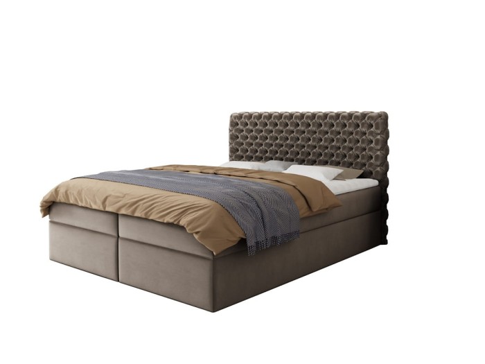 Taupefarbenes Boxspringbett mit eleganter Knopfheftung freigestellt auf Weiß.
