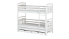 White bunk bed with 3 sleeping surfaces and two solid wood bed drawers.