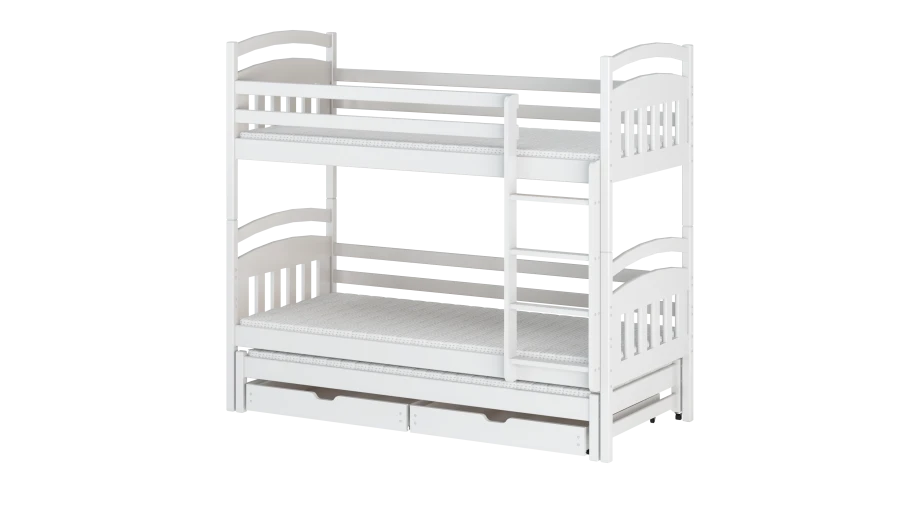 Weißes Etagenbett mit 3 Liegeflächen und zwei Bettschubladen aus Massivholz.