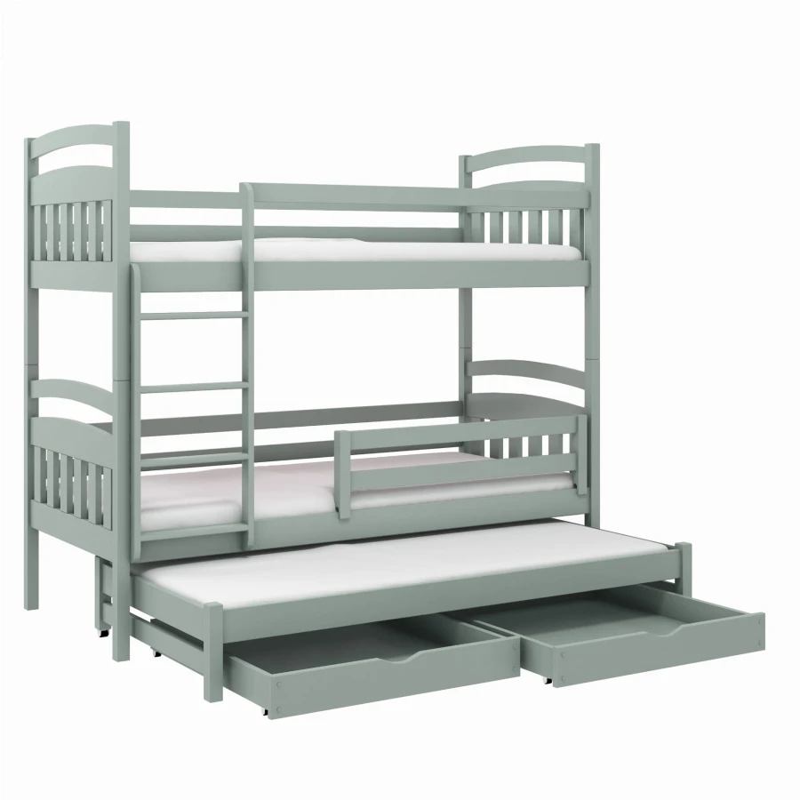 Grey-green bunk bed with pull-out guest bed and two open drawers.