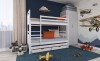 White bunk bed in the children's room with blue wall and airplane wall decals.