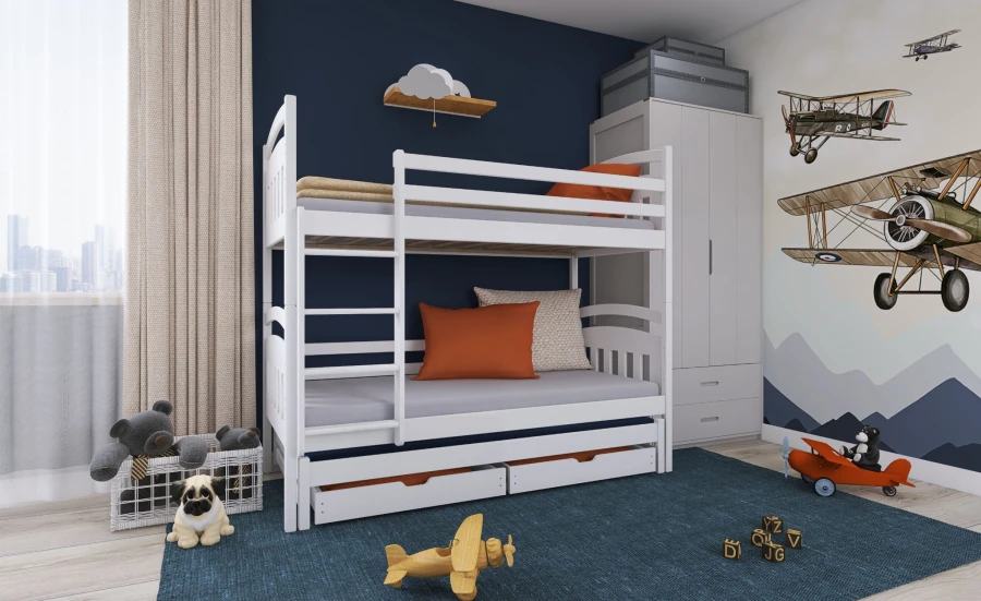 White bunk bed in the children's room with blue wall and airplane wall decals.