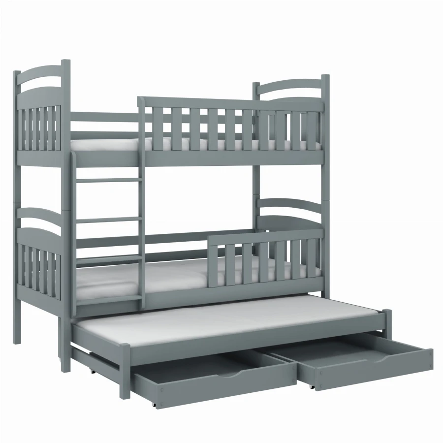 Donkergrijs stapelbed voor 3 personen met uitgetrokken rolbed en twee laden.