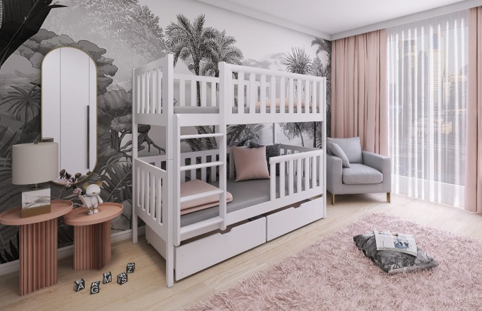 Weißes Etagenbett aus Holz in einem modern eingerichteten Kinderzimmer mit Dschungel-Motiv-Tapete.