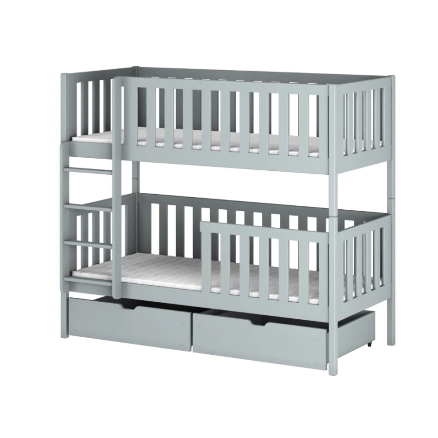 Graues Etagenbett aus Holz mit zwei Schubladen und Sicherheitsgitter für das Kinderzimmer.