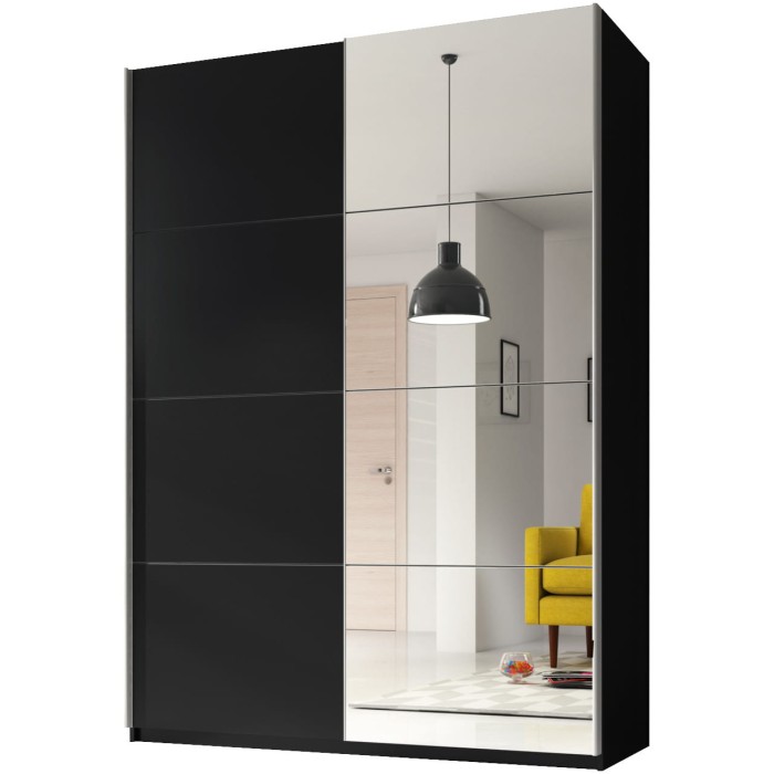 Schwarzer Kleiderschrank mit großer Spiegeltür und Schiebesystem, modernes Design.