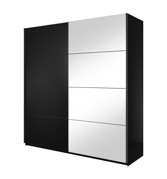 Zweitüriger Schwebetürenschrank in elegantem Schwarz mit integriertem Ganzkörperspiegel.