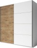 Zweitüriger Kleiderschrank mit Schwebetüren in heller Holzoptik und zeitlosem Weiß.