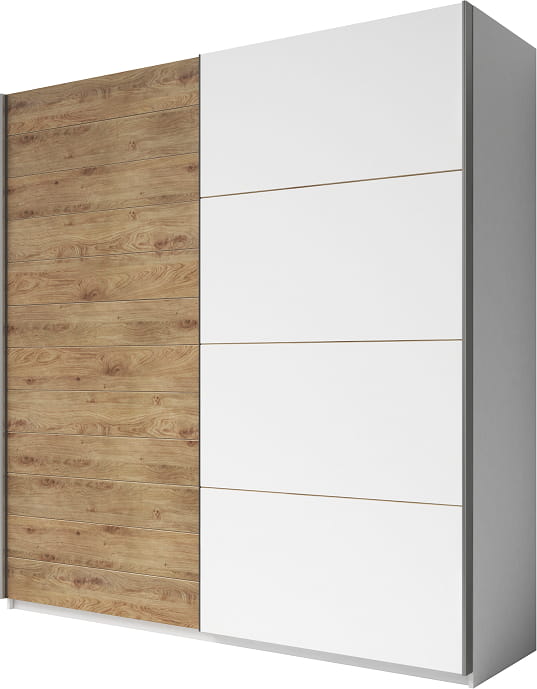 Zweitüriger Kleiderschrank mit Schwebetüren in heller Holzoptik und zeitlosem Weiß.