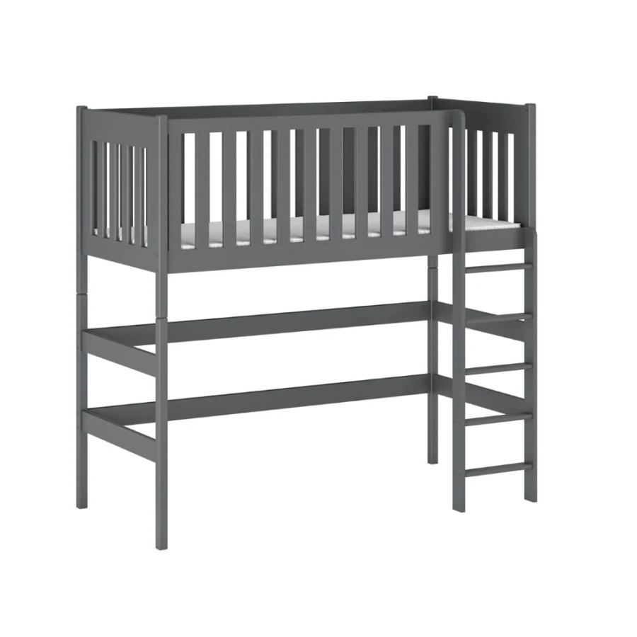 Sturdy grey high sleeper bed made of solid wood with a ladder and safety rail for the children's room.