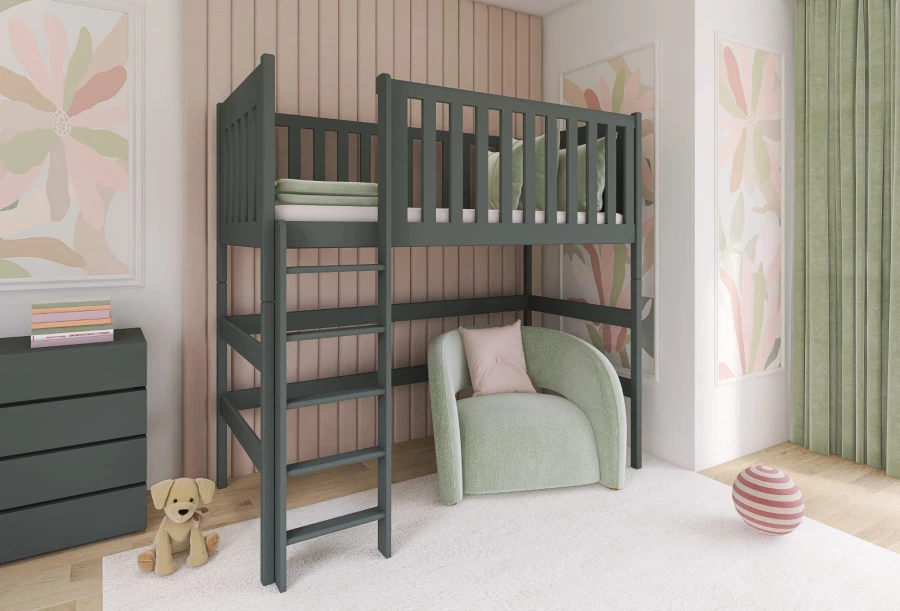 Graues Kinder-Hochbett in stilvollem Zimmer mit gemütlicher Leseecke unter dem Bettgestell.