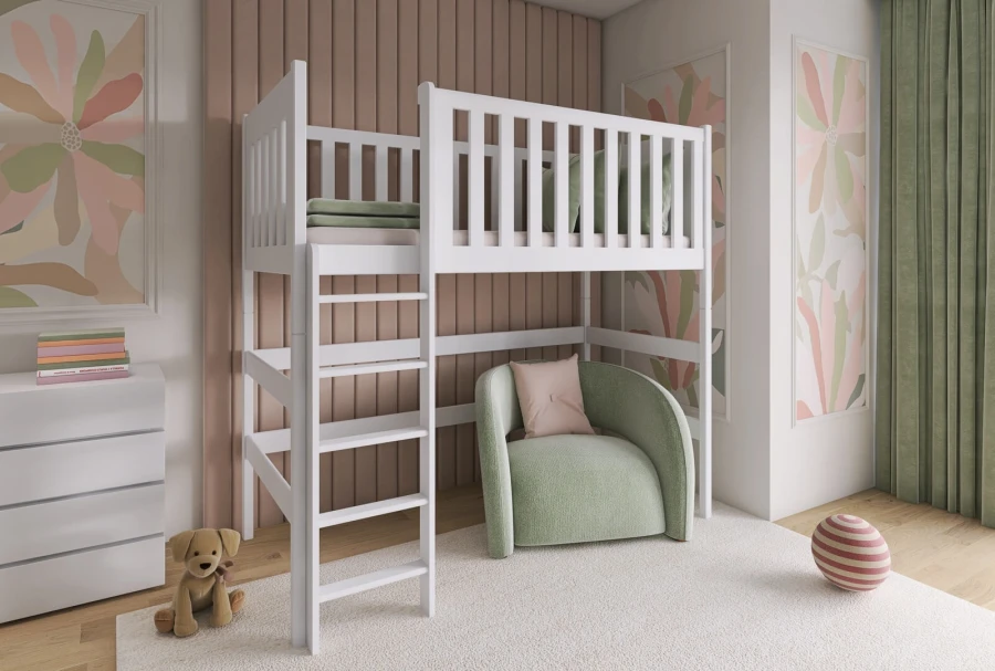 White high sleeper bed for children with a ladder and green armchair in a brightly furnished children's room.