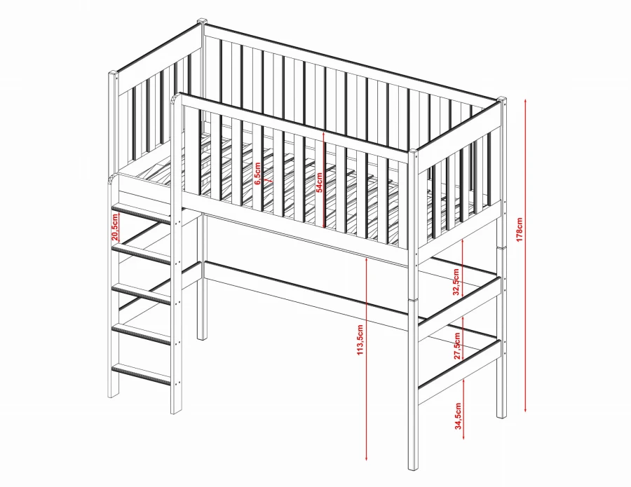 Dimensional drawing of a white children's high sleeper bed with all important dimensions for planning.