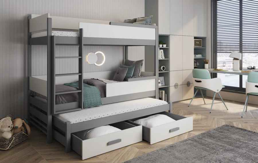 Modernes 3-Personen-Etagenbett in Grau und Weiß mit Ausziehbett und Schubladen für Geschwister.