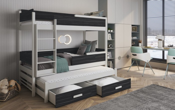 Elegantes Etagenbett in Schwarz-Holzoptik und Weiß mit drei Schlafplätzen und Stauraumschubladen.