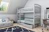 Graues Etagenbett aus Holz mit praktischen Schubladen im modernen Kinderzimmer unter einer Dachschräge.