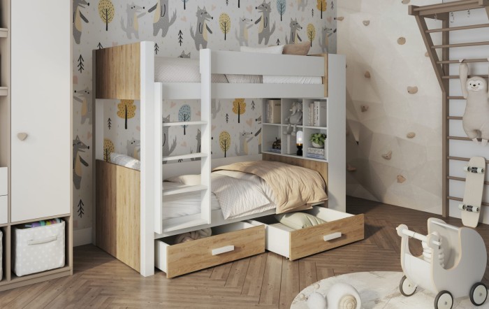 Stilvolles Etagenbett in Weiß und heller Holzoptik mit Regalen und Stauraumschubladen für Kinder.