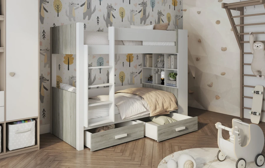Etagenbett in Weiß und grauer Holzoptik mit Regal und Bettkästen im spielerisch eingerichteten Kinderzimmer.