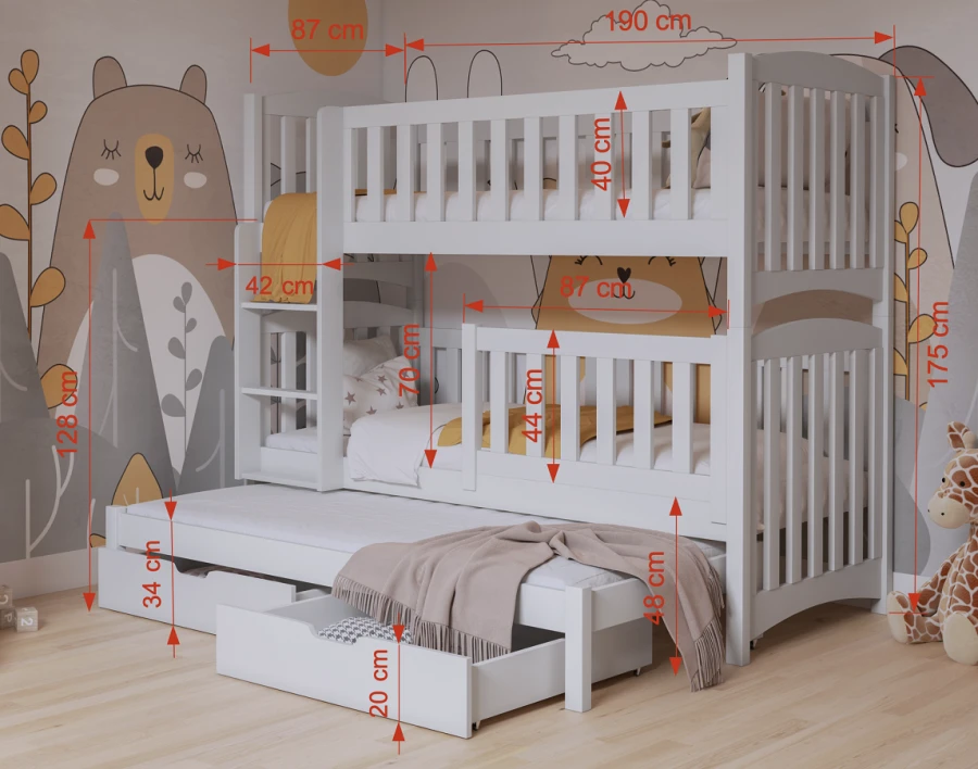 Wit stapelbed voor 3 personen met afmetingen: Functioneel kinderbed met uitschuifbed en laden.