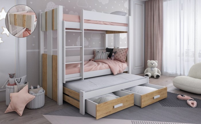 Weißes Etagenbett mit Eichenholz-Details, ausziehbarem Gästebett und zwei Bettschubladen.