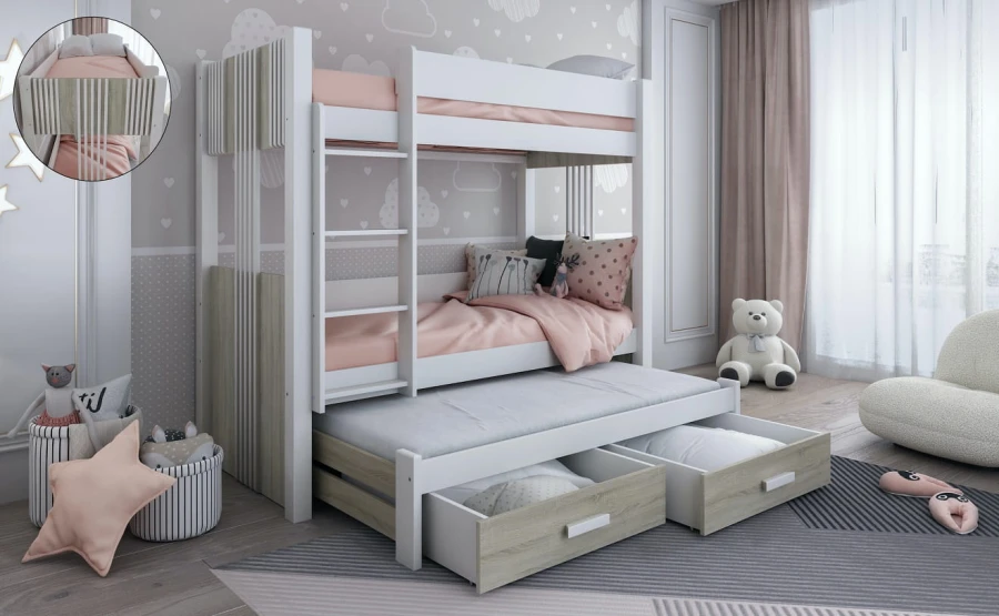 Etagenbett Kinderbett Hochbett Ausziehbett für 3 Kinder ALEXANDRA Weiss + Eiche Sonoma.jpg