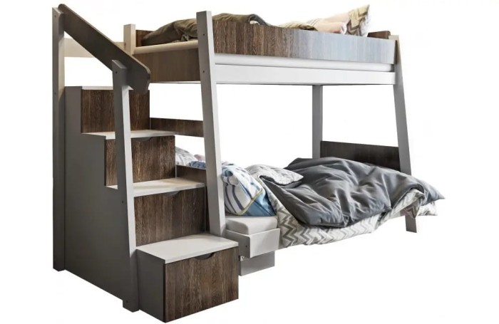 Modernes Etagenbett in Weiß und Holzoptik mit Treppenstufen und integriertem Stauraum.