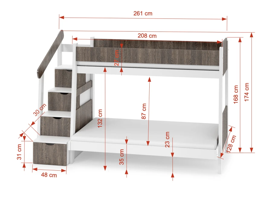 Maßzeichnung für das Hochbett mit Treppe: Übersicht aller Abmessungen in Zentimetern.