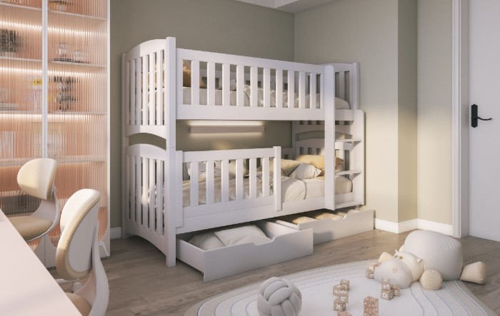 Weißes Kinder-Etagenbett aus Massivholz mit integrierter Leiter und zusätzlichem Stauraum.