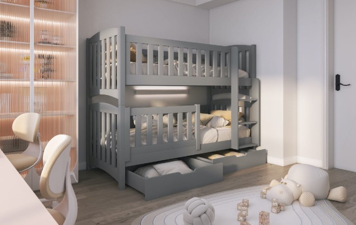 Graues Etagenbett aus Massivholz mit zwei Schubladen in modernem Kinderzimmer.