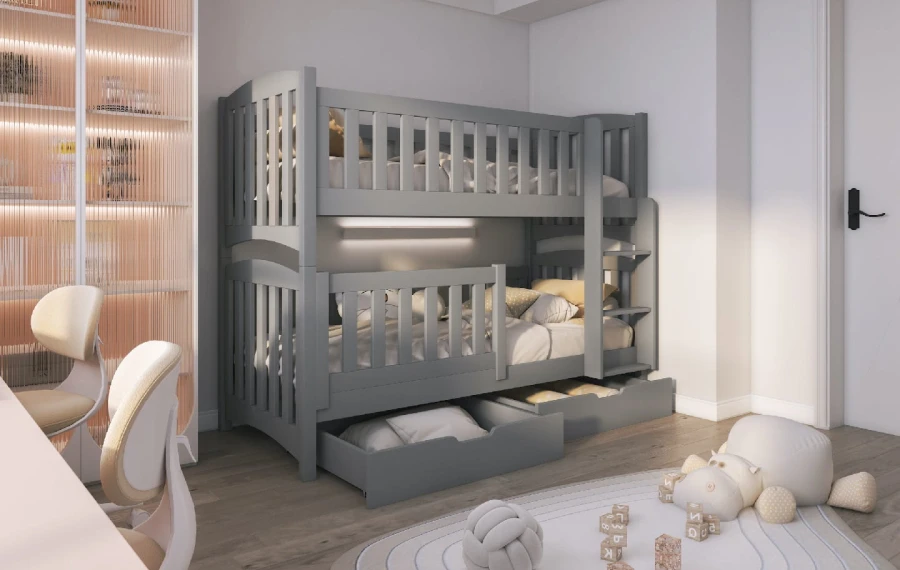 Graues Etagenbett aus Massivholz mit zwei Schubladen in modernem Kinderzimmer.