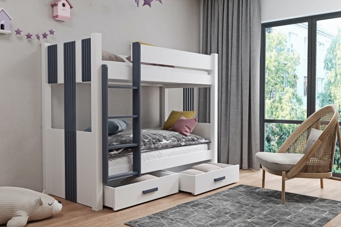 Etagenbett Hochbett Kinderbett für 2 Kinder ALEXANDRA II Weiss Laminatplatte + Graphit Acryl.jpg