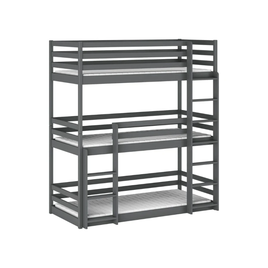 Dark grey wooden triple bunk bed for children's rooms with stable ladders.