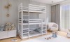 White three-tier bunk bed in a cosy children's room with toys and decoration.
