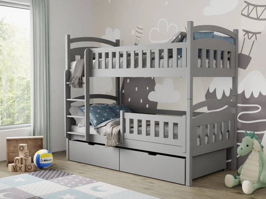 Grey bunk bed for children with ladder and practical drawers in the children's room.