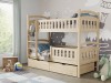 Etagenbett aus hellem Naturholz für Kinder mit zwei Schubladen und Rausfallschutz.
