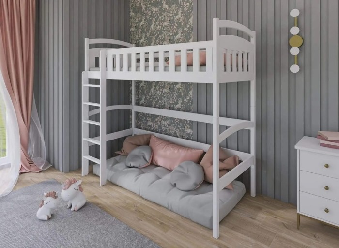 Weißes Hochbett aus Holz mit Kuschelecke im Kinderzimmer