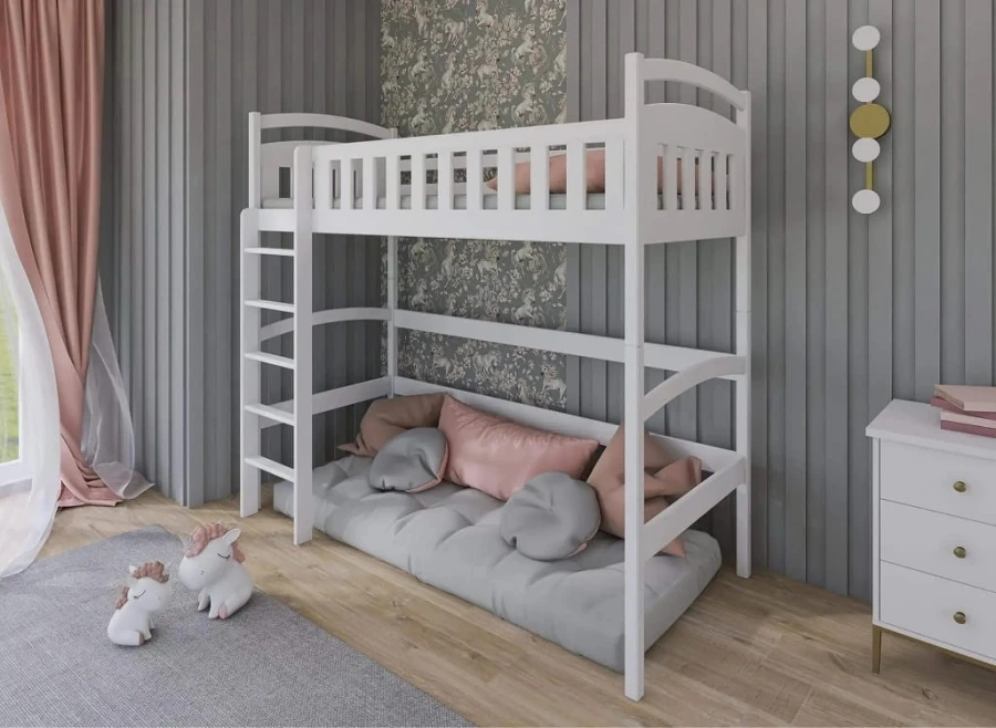 Weißes Hochbett aus Holz mit Kuschelecke im Kinderzimmer
