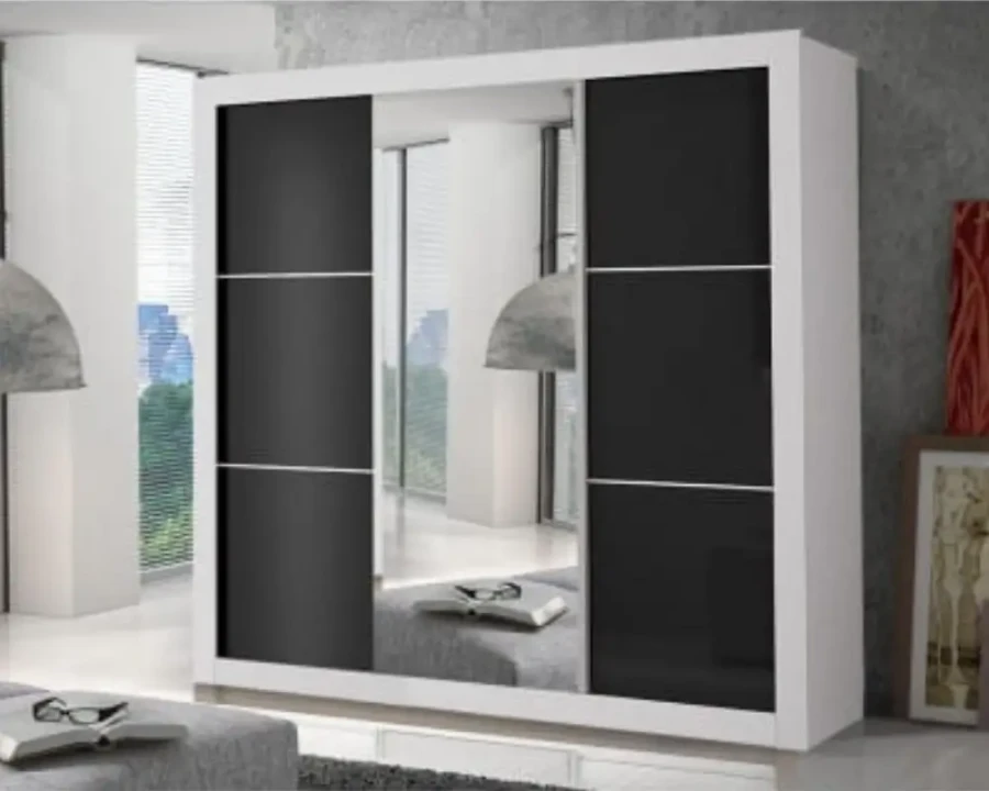 Large sliding door wardrobe in black-and-white look with a central full-length mirror.