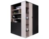 Moderner Eckschrank in Schwarz und Eiche-Optik mit offenen Regalfächern für das Schlafzimmer.