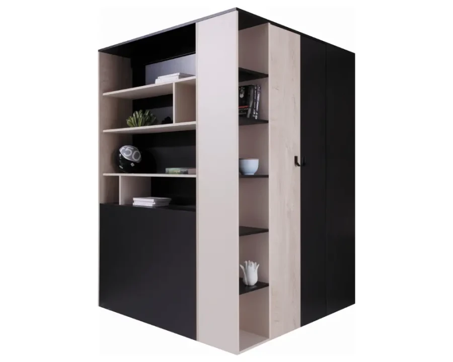 Moderner Eckschrank in Schwarz und Eiche-Optik mit offenen Regalfächern für das Schlafzimmer.