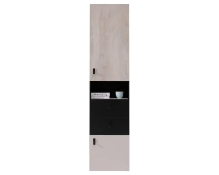 Schmaler Hochschrank mit Türen und Schubladen in Eiche-Nachbildung und Schwarz für mehr Stauraum.