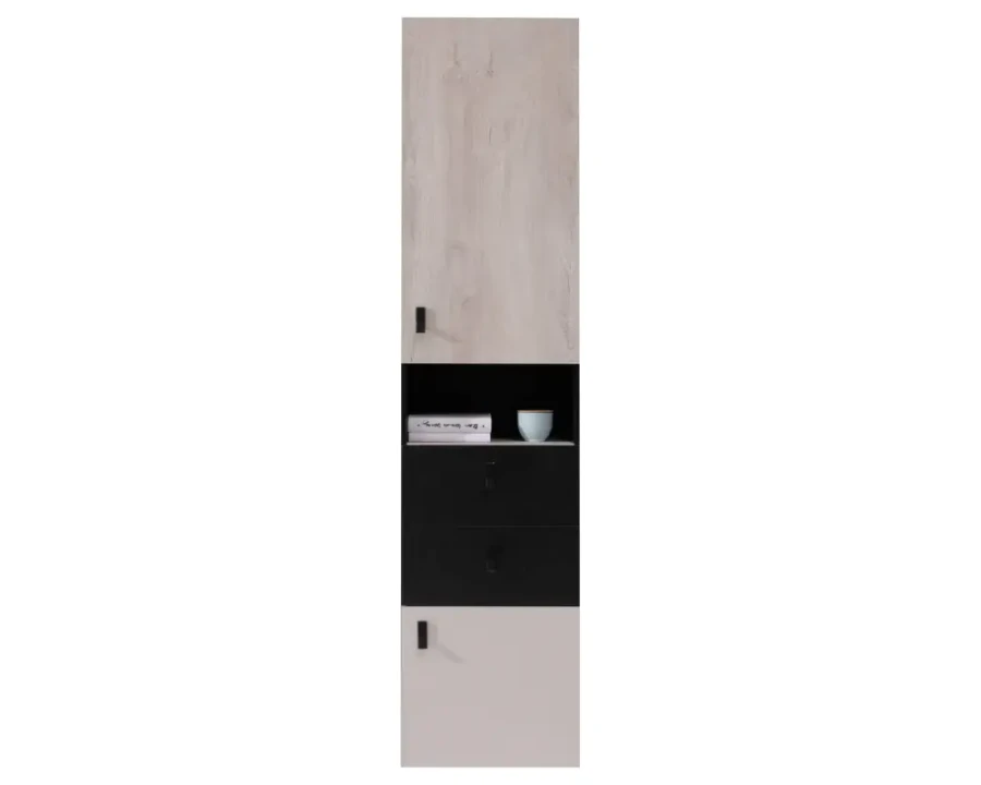 Schmaler Hochschrank mit Türen und Schubladen in Eiche-Nachbildung und Schwarz für mehr Stauraum.