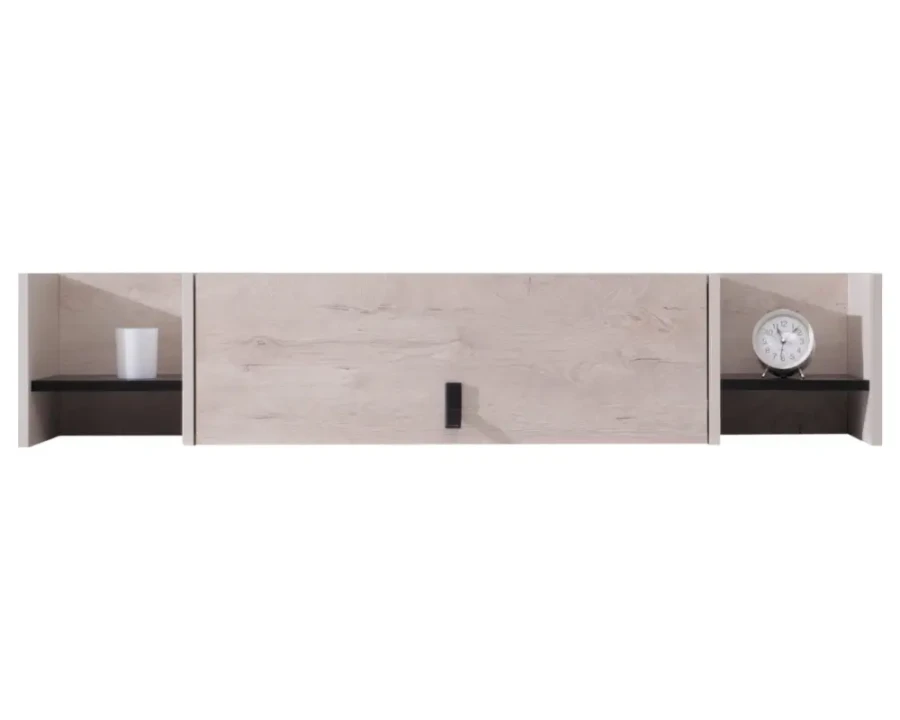 Modern wall shelf in light oak effect with black accent and decoration.
