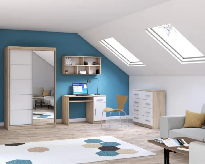 Komplettes Jugendzimmer Set in Eiche und Weiß mit Kleiderschrank, Schreibtisch und Kommode.