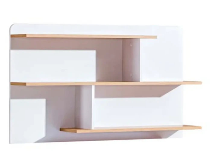 Stilvolles Wandregal in Weiß und Holz-Optik mit versetzten Regalböden für Dekoration.