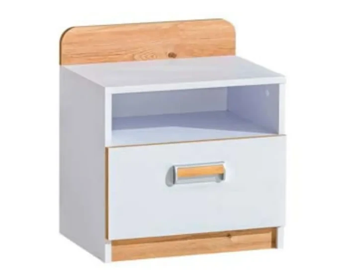 Moderner weißer Nachttisch mit Schublade und Holz-Akzenten für das Schlafzimmer.