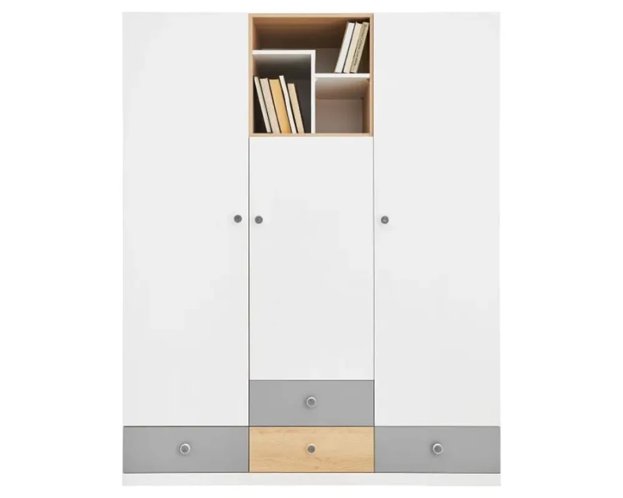 Moderner Kleiderschrank in Weiß, Grau und Eiche mit Regalfach und Schubladen für das Kinderzimmer.