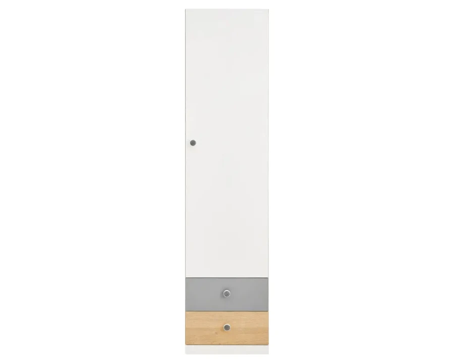 Schmaler eintüriger Kleiderschrank in Weiß und Grau mit Schubladen für mehr Stauraum.