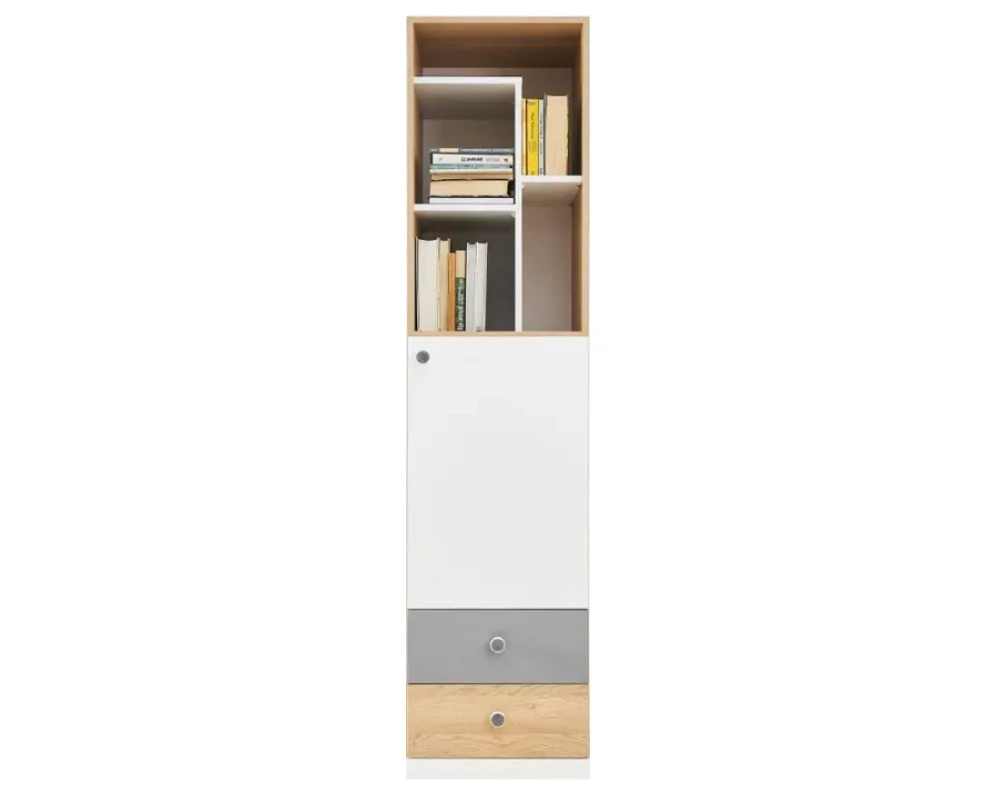 Hohes Bücherregal mit weißer Tür und Schubladen in Grau und Eiche für das Jugendzimmer.